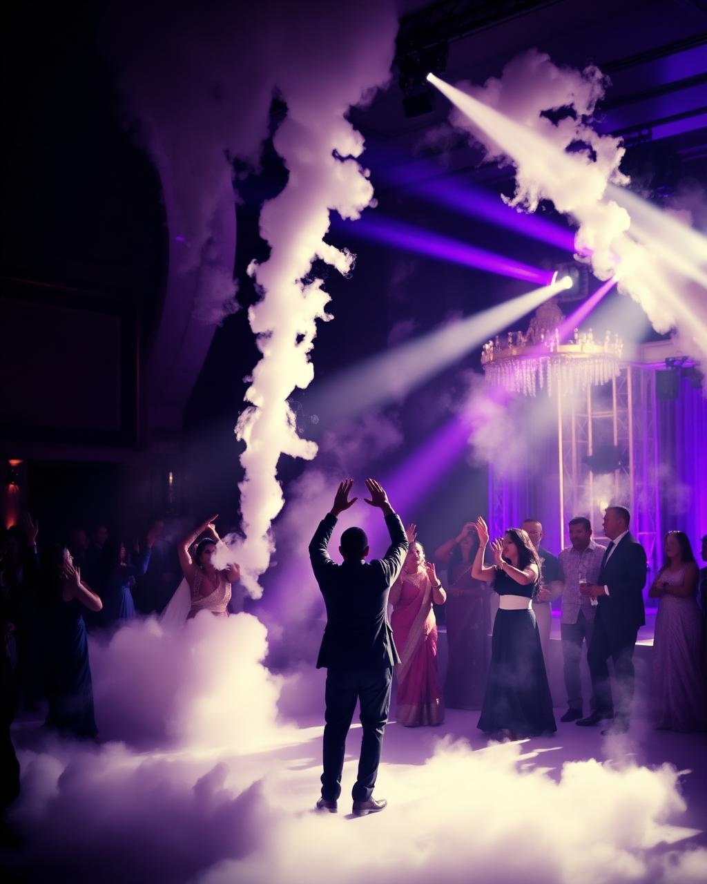 Twin CO₂ blasters firing over a packed dance floor under violet beams