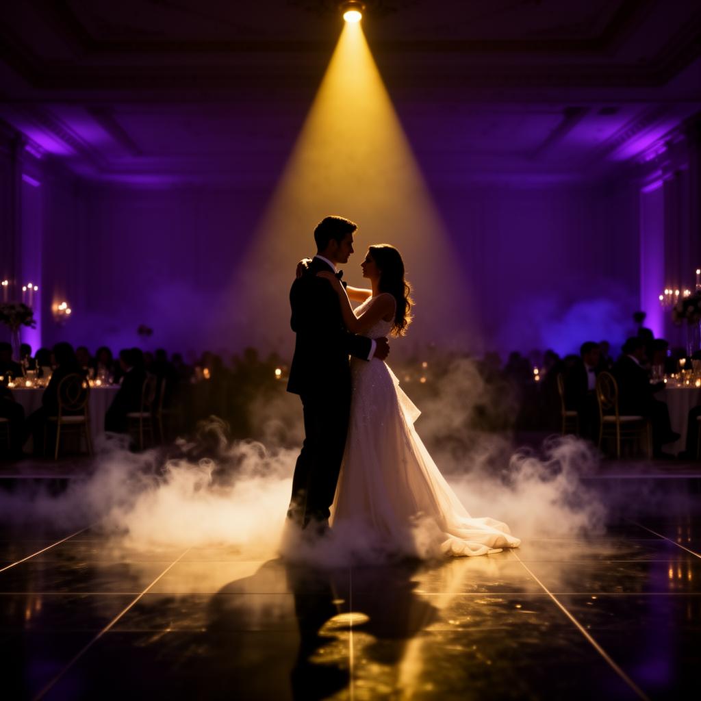 Low-lying dancing-on-cloud fog under a first-dance spotlight
