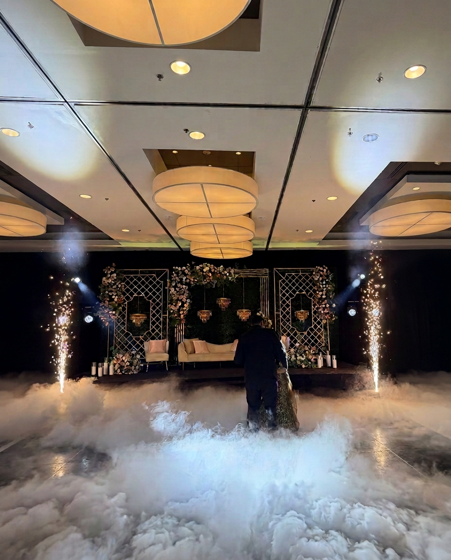 Low-lying dancing-on-cloud fog under a first-dance spotlight