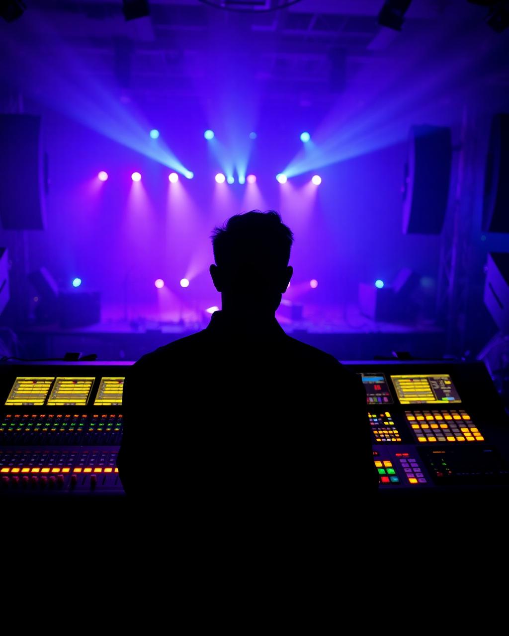 Spinz technician at a glowing FOH console with stage lights beyond