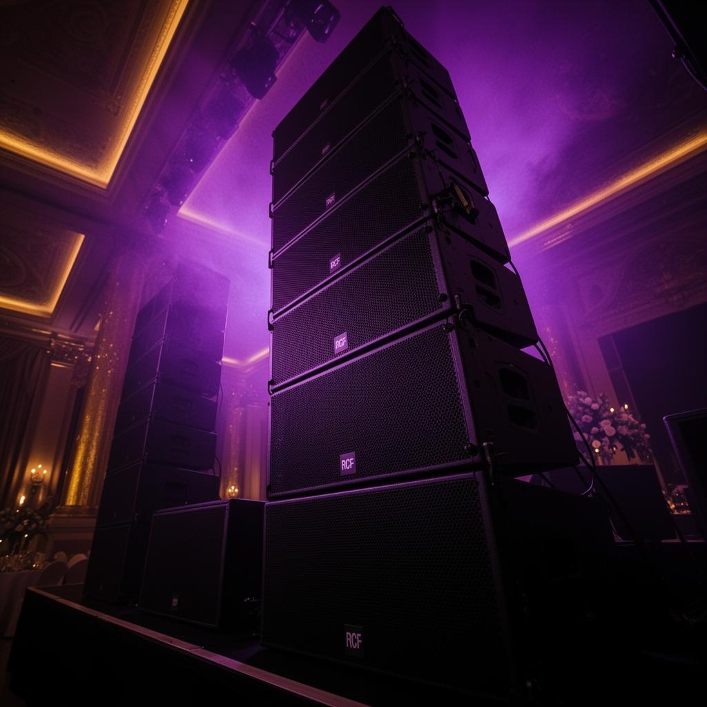 Premium RCF line-array sound stack with violet uplighting