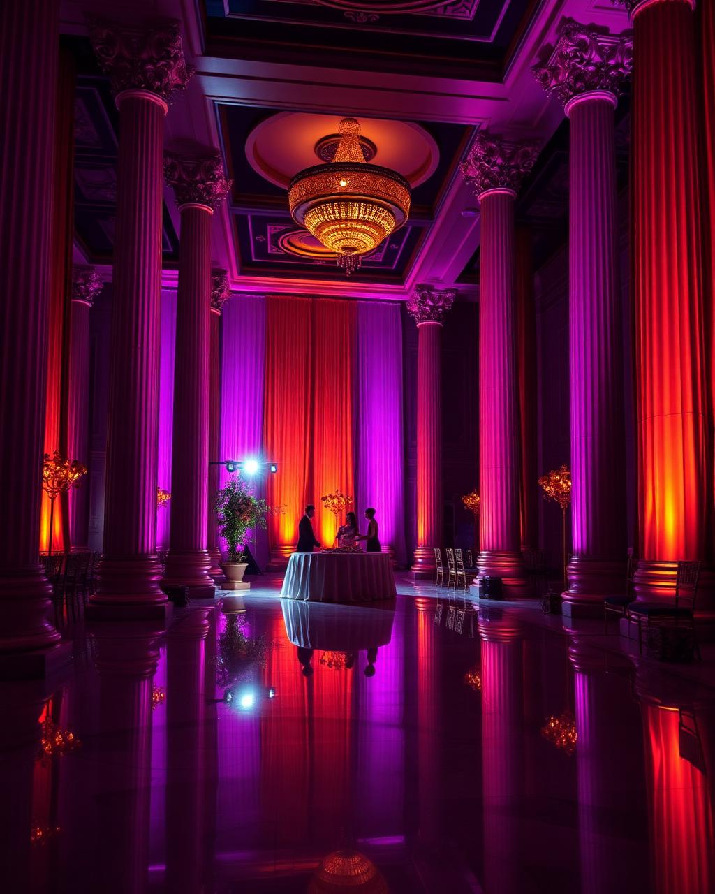 Colored architectural uplighting washing a ballroom's columns and drapery